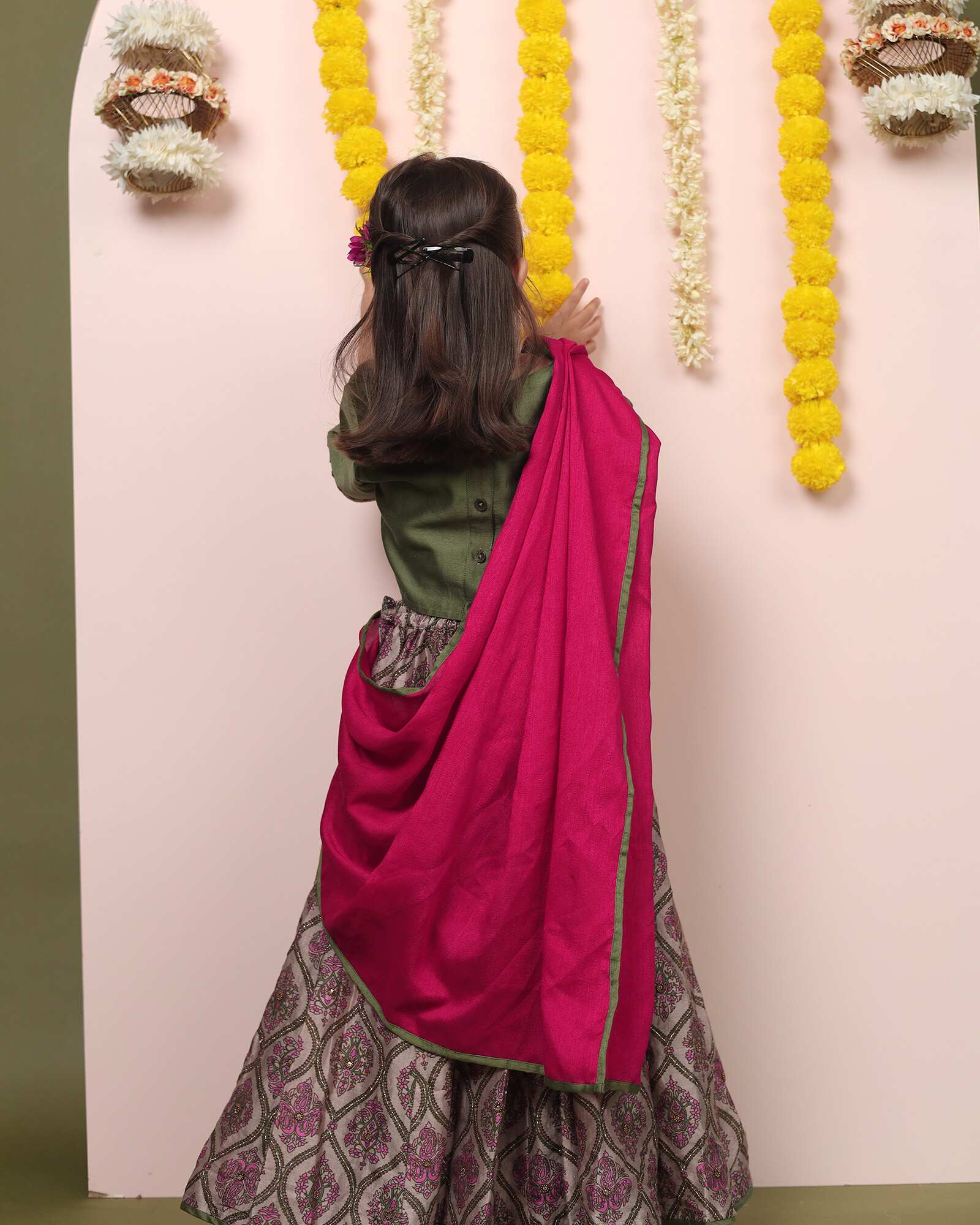 Moss green lehenga, blouse, dupatta. Silk chanderi, cotton mulmul lining. Hand-embroidered, badla work, ari-handwork. Paisley prints, beads and trims perfect wedding attire. by laadindia.com