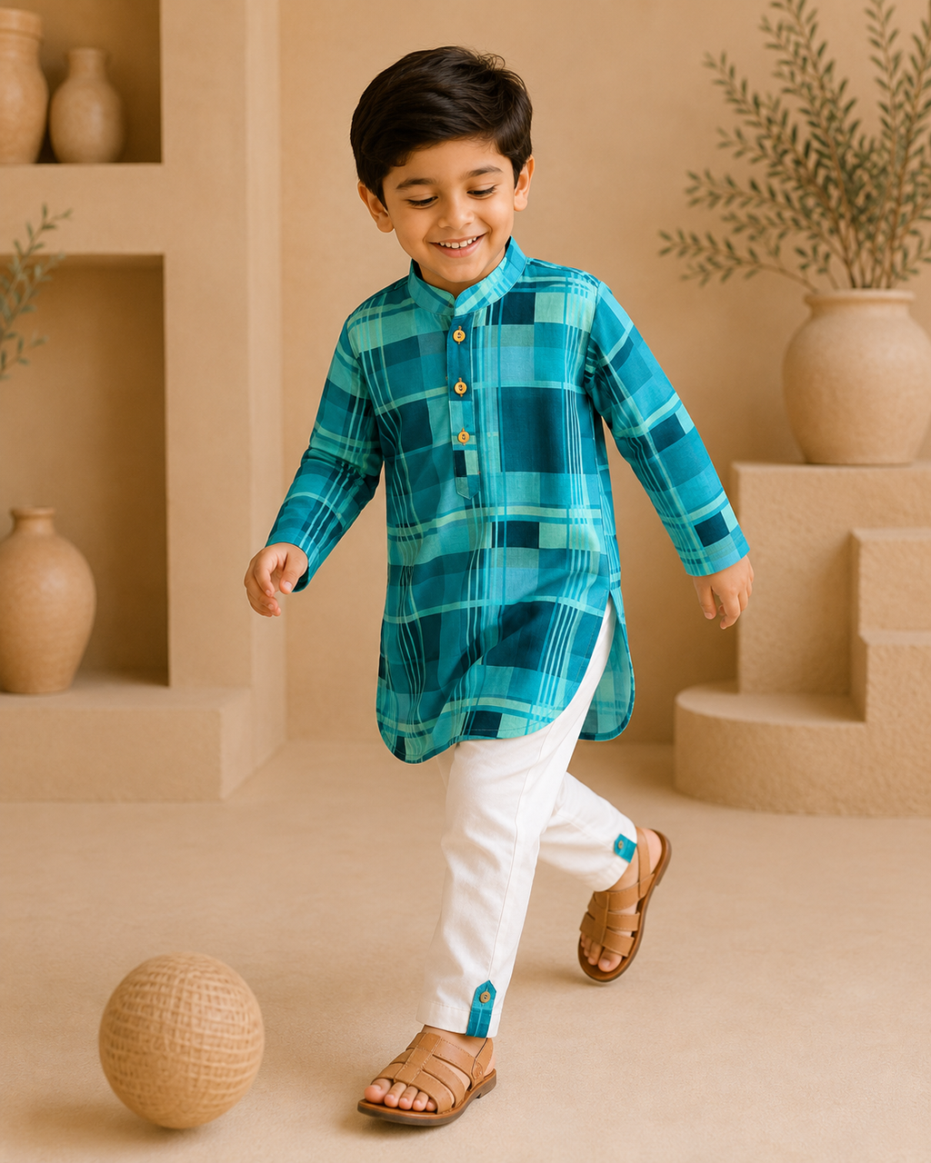 Neel Kurta Pyjama by LAADINDIA, boys blue Madras check cotton kurta with ivory pyjama and contrast check cuff detailing.