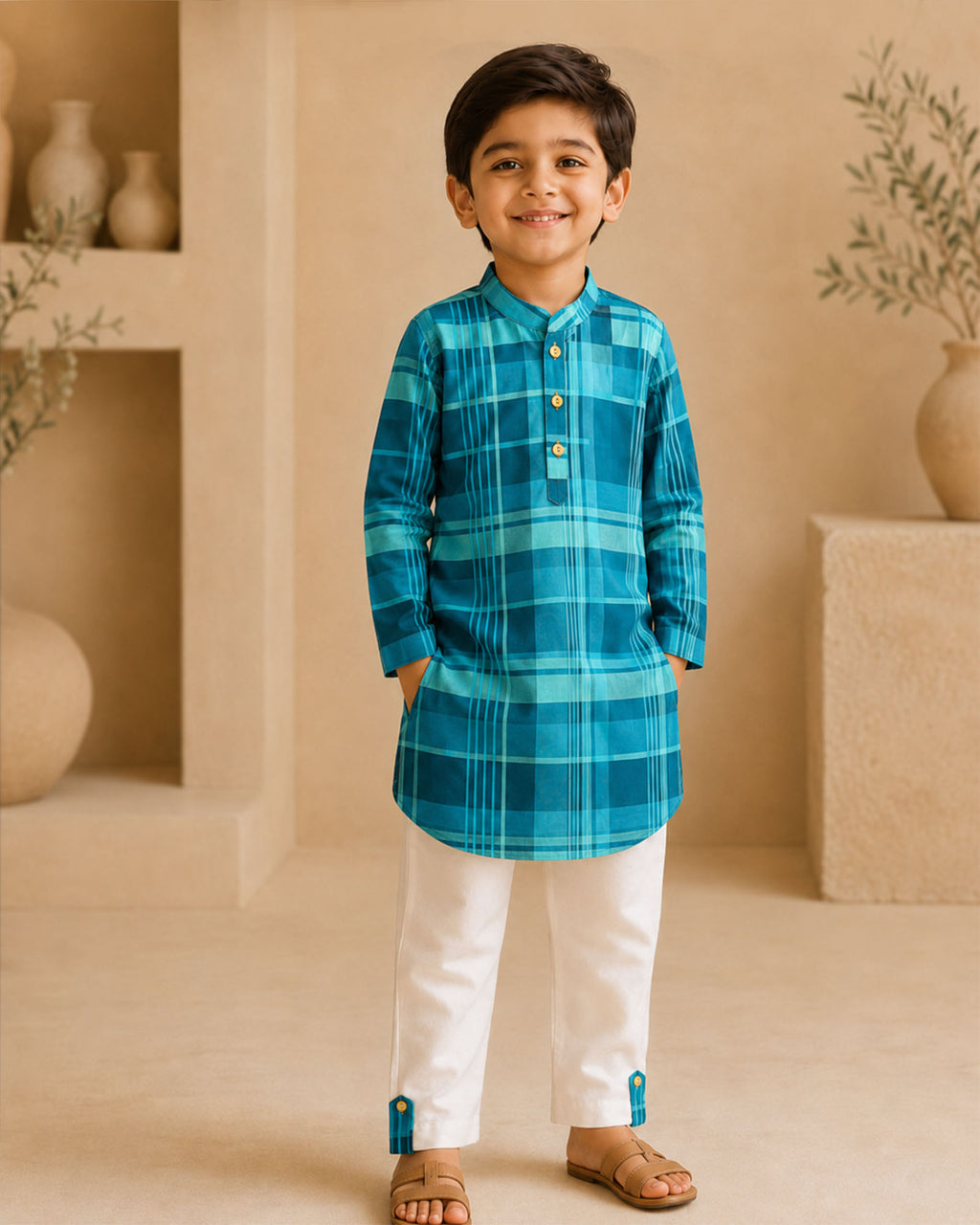 Neel Kurta Pyjama by LAADINDIA, boys blue Madras check cotton kurta with ivory pyjama and contrast check cuff detailing.