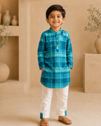 Neel Kurta Pyjama by LAADINDIA, boys blue Madras check cotton kurta with ivory pyjama and contrast check cuff detailing.