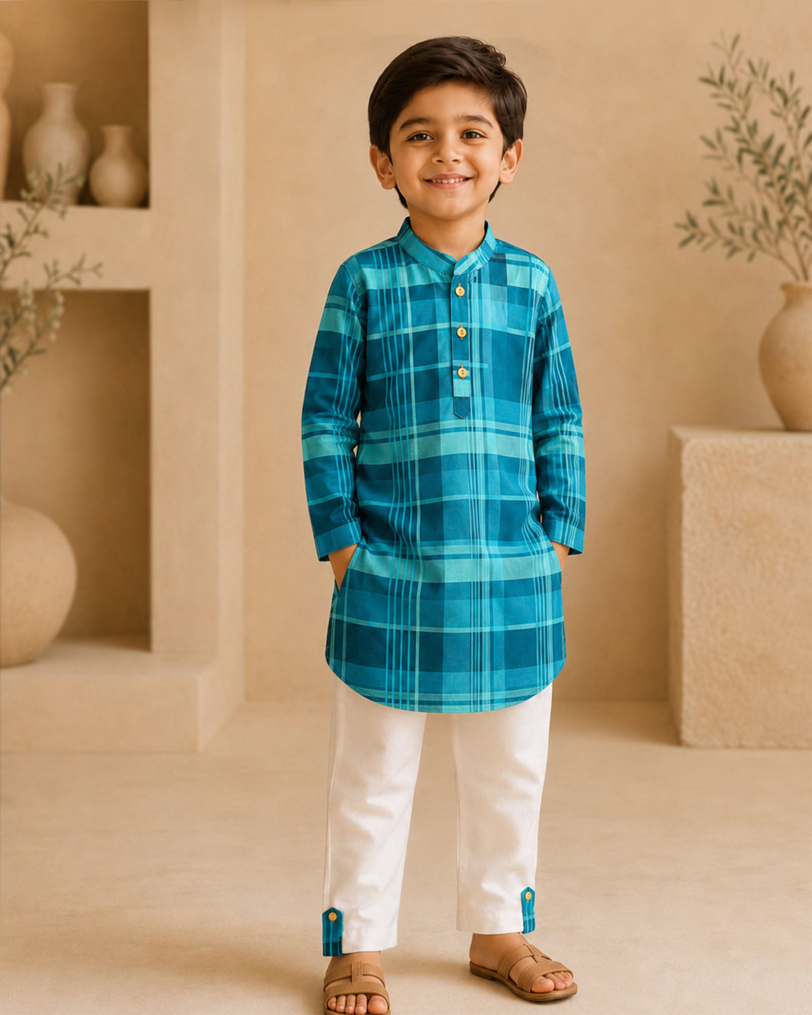 Neel Kurta Pyjama by LAADINDIA, boys blue Madras check cotton kurta with ivory pyjama and contrast check cuff detailing.