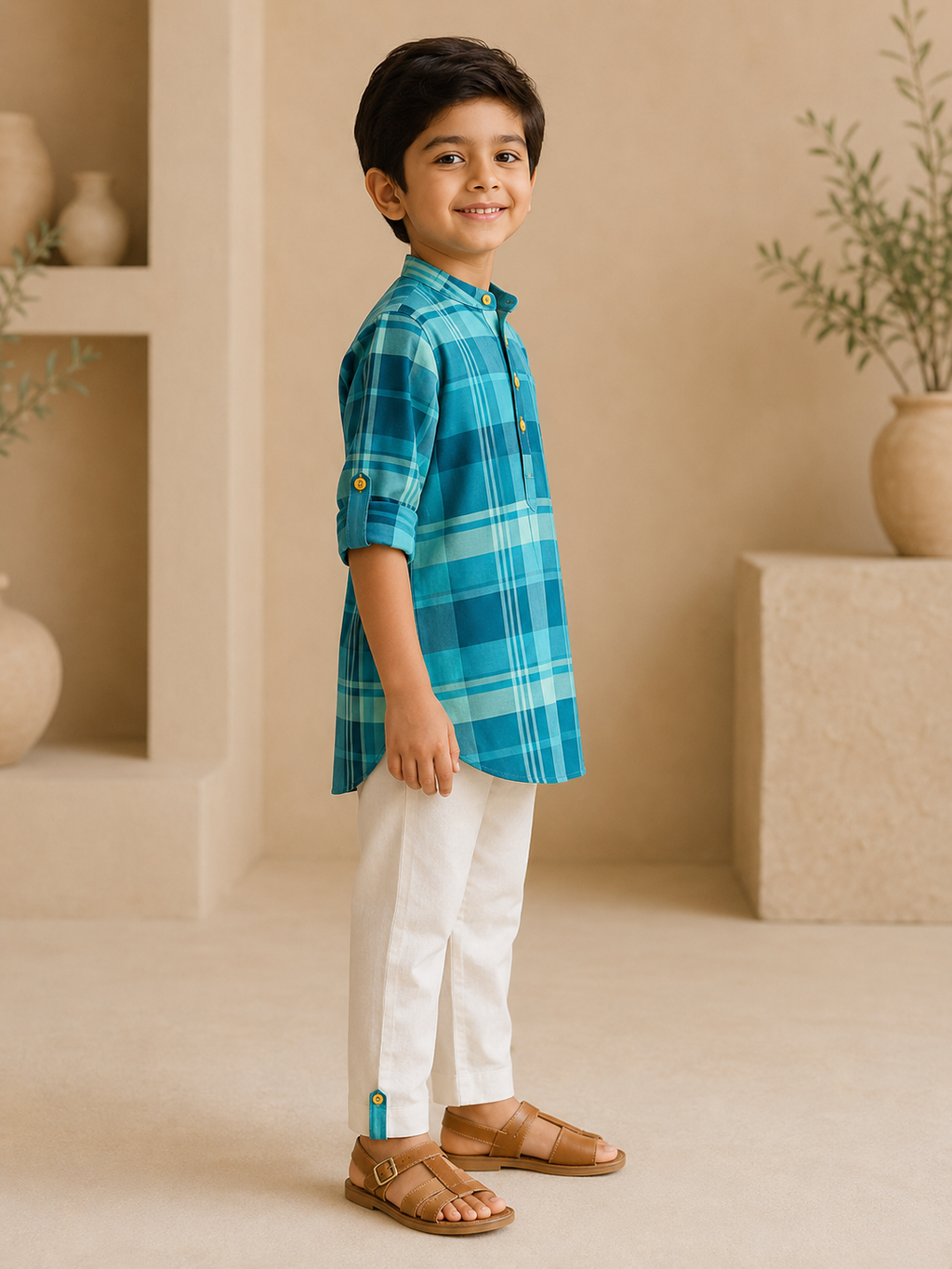 Neel Kurta Pyjama by LAADINDIA, boys blue Madras check cotton kurta with ivory pyjama and contrast check cuff detailing.