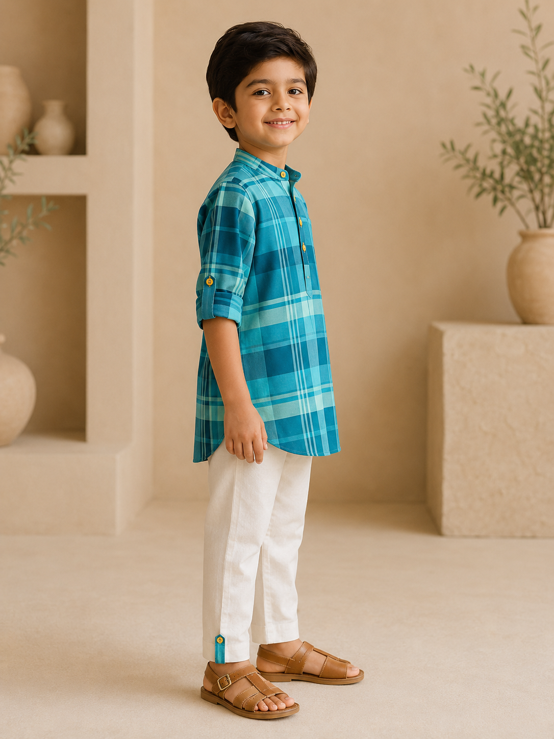 Neel Kurta Pyjama by LAADINDIA, boys blue Madras check cotton kurta with ivory pyjama and contrast check cuff detailing.