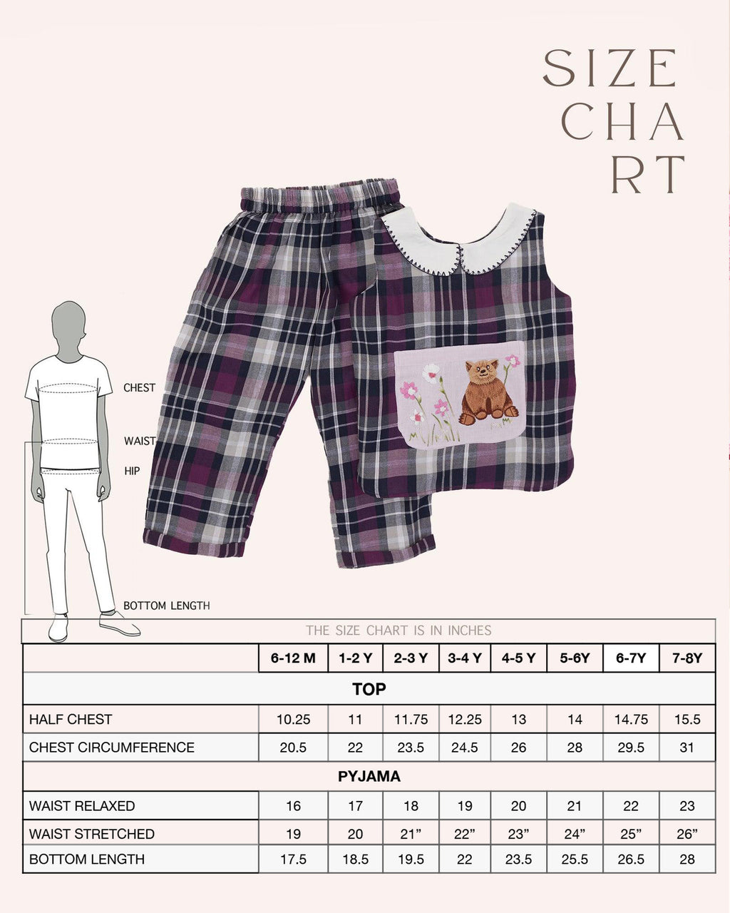 This adorable two-piece co-ord set features a playful Peter Pan collar top with a hand-embroidered bear pocket, paired with matching bottoms. Perfect for travel or gatherings!