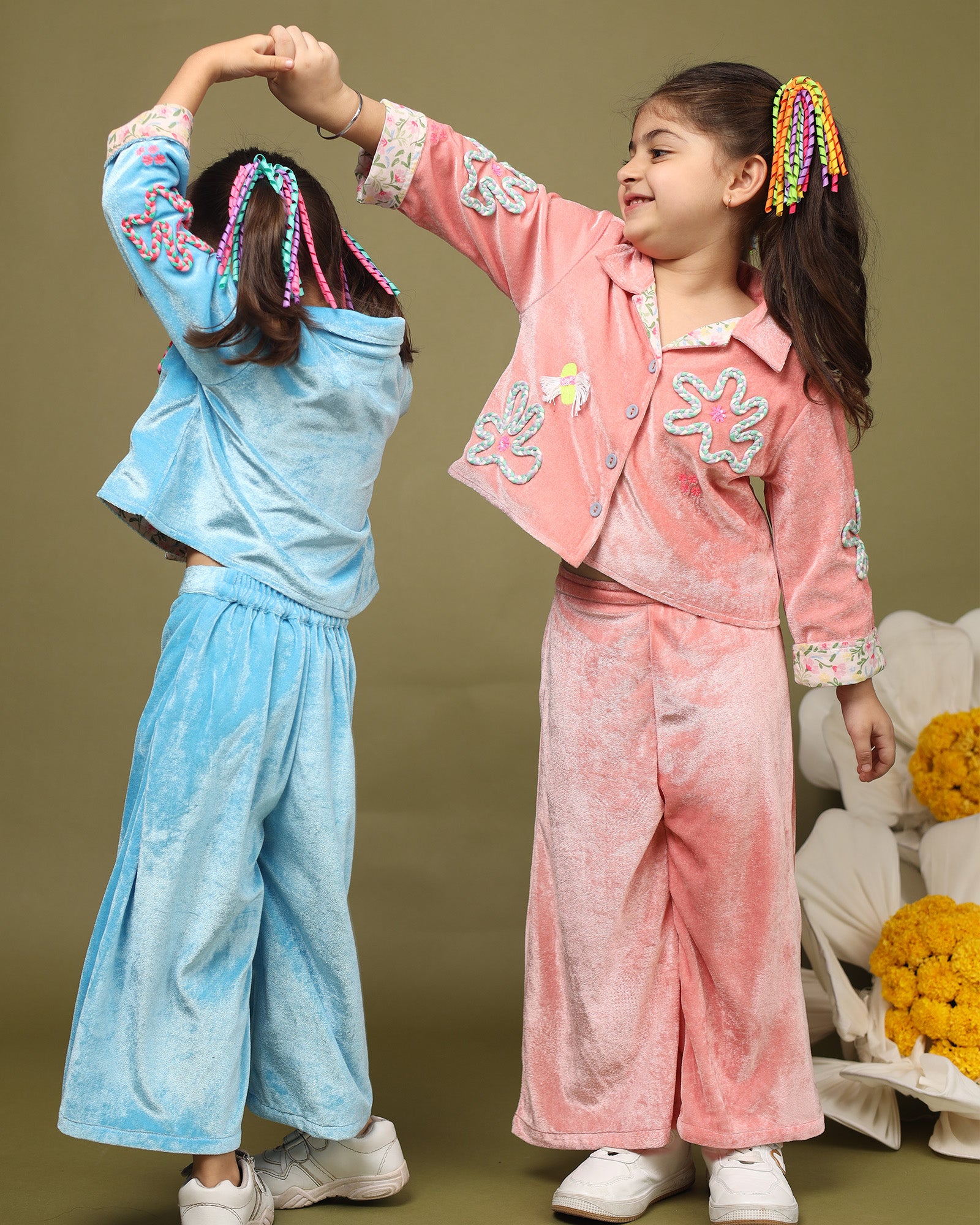 Unleash imagination with our Rosy braided co-ord! Cozy velvet, intricate embroidery, soft cotton lining. Perfect for winter playdates. By laadindia.com