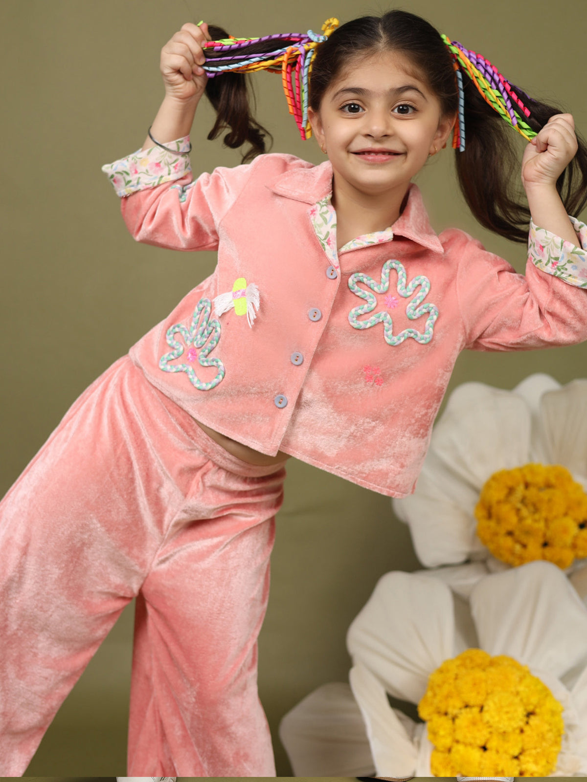 Unleash imagination with our Rosy braided co-ord! Cozy velvet, intricate embroidery, soft cotton lining. Perfect for winter playdates. By laadindia.com