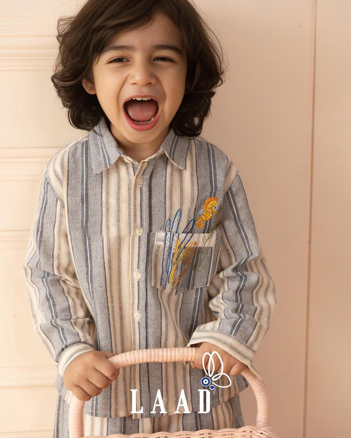 Summer Stripes!   Seahourse Scout co-ord: Cotton linen shirt with playful embroidered seahorse pocket & matching Bermuda shorts.  