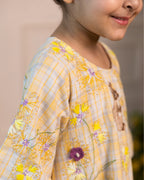 Full-length sunlit ghera dress lehenga style with hand-embroidered crocheted fLaad`s kid in Full-length one piece sunlit ghera dress lehenga style with hand-embroidered crocheted flowers, umbrella sleeves