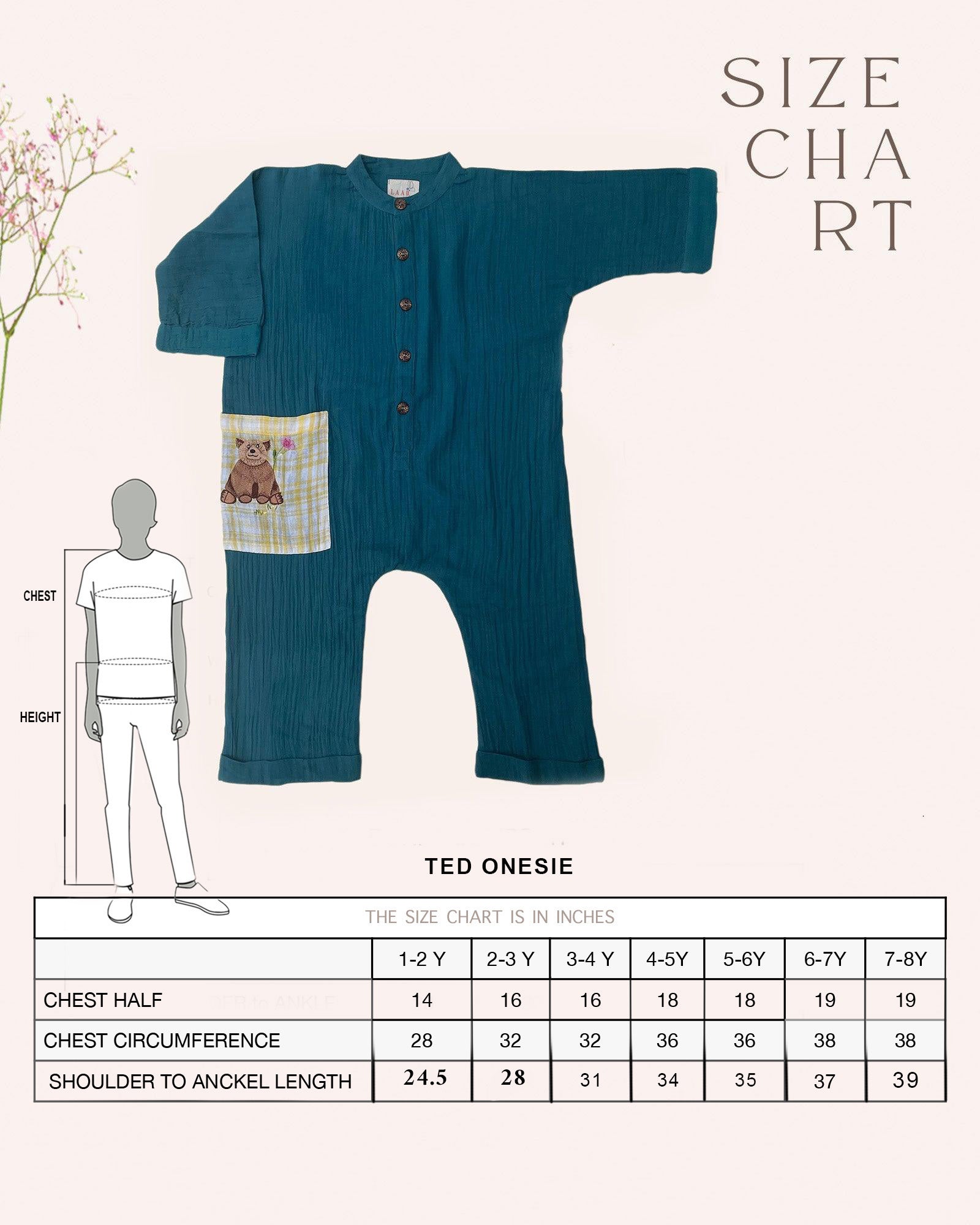  Boy wearing LAAD teal cotton bandhgala jumpsuit with wooden buttons and an embroidered bear patch fun large pocket.
