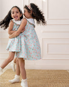 Twirl into spring with tulip dress! Mint A-line dress features tulip print & a scalloped embroidered collar. Breezy, 100% cotton. #LaadIndia 