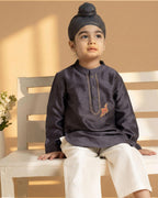 Young boy wearing LAAD India vintage grape kurta with embroidered detail, paired with cream pants a perfect boy`s ethnic wear kurta pyjama set