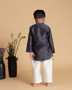 Young boy wearing LAAD India vintage grape kurta with embroidered detail, paired with cream pants a perfect boy`s ethnic wear kurta pyjama set