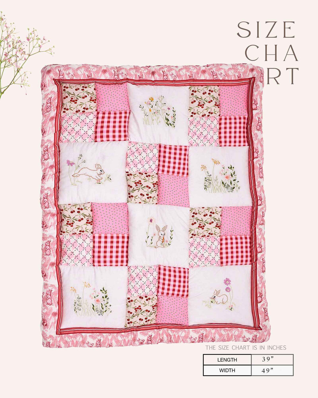 White Rabit quilt features playful rabbits & vibrant scarlet for a touch of magic. Soft cotton & cozy fiber filling for ultimate comfort. Machine wash gentle cycle at 30°C. Avoid harsh hardware, dry in shade