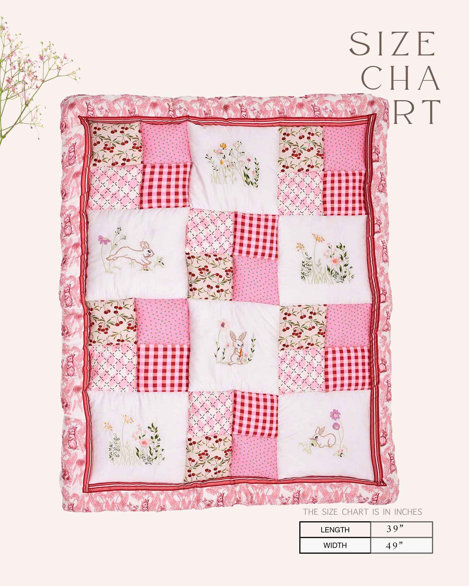 White Rabit quilt features playful rabbits & vibrant scarlet for a touch of magic. Soft cotton & cozy fiber filling for ultimate comfort. Machine wash gentle cycle at 30°C. Avoid harsh hardware, dry in shade