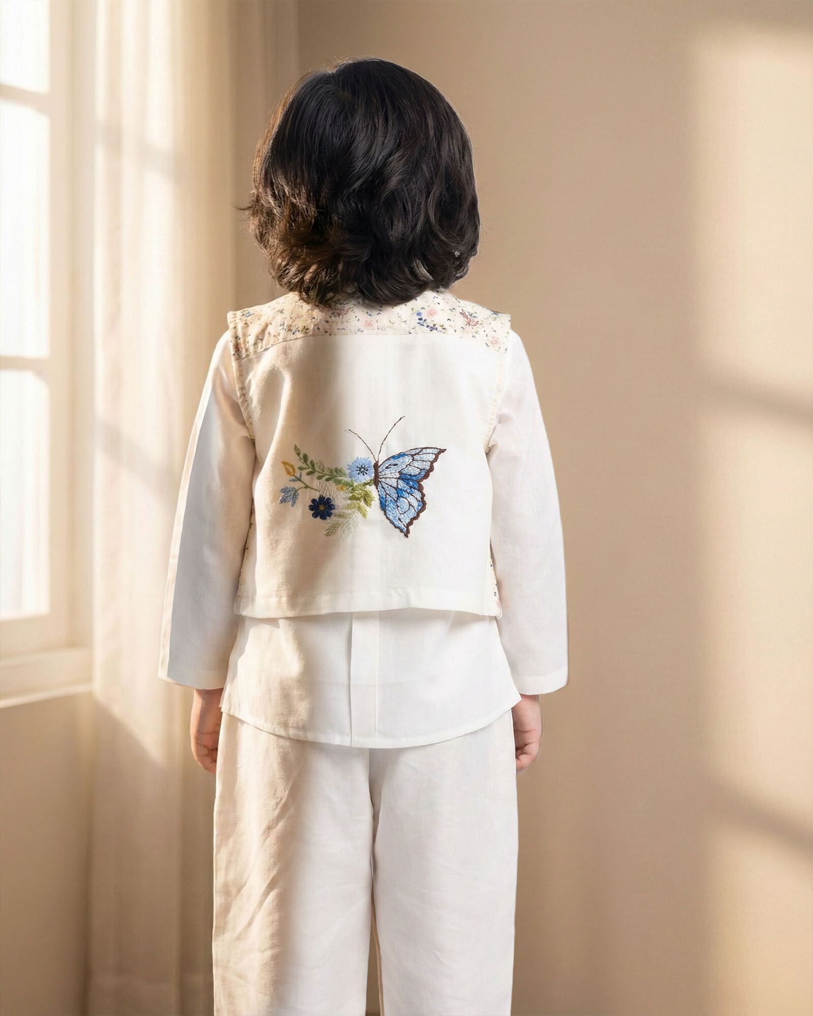 laad`s kid in Classic white cotton shirt  paired with a 100% cotton waistcoat with butterfly embroidery at the back . Perfect boy`s party wear