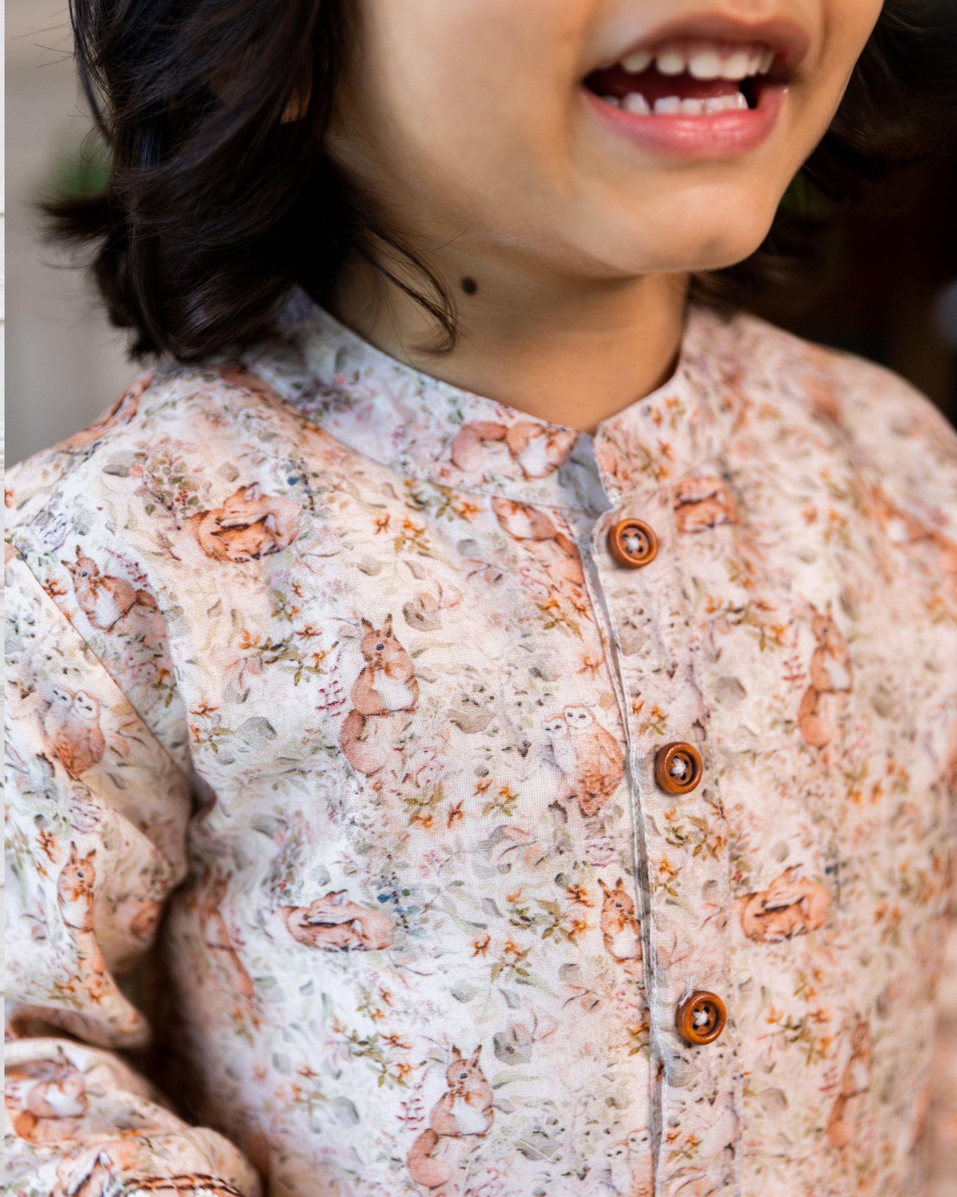 Nighttime Elegance: Woodland Kurta Pyjama. Luxuriate in nature's beauty with our enchanting print & shimmering beadwork 